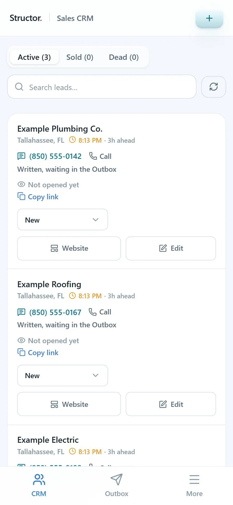 The CRM on a phone, showing three lead cards