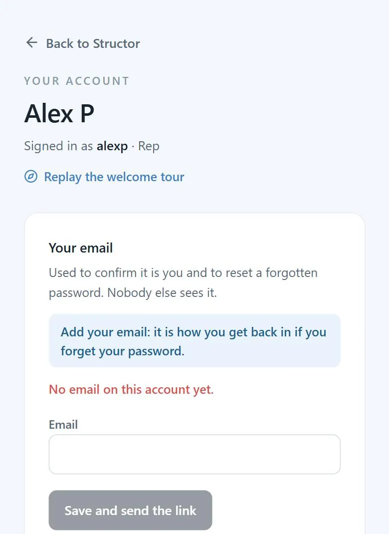 Your account page asking for your email address
