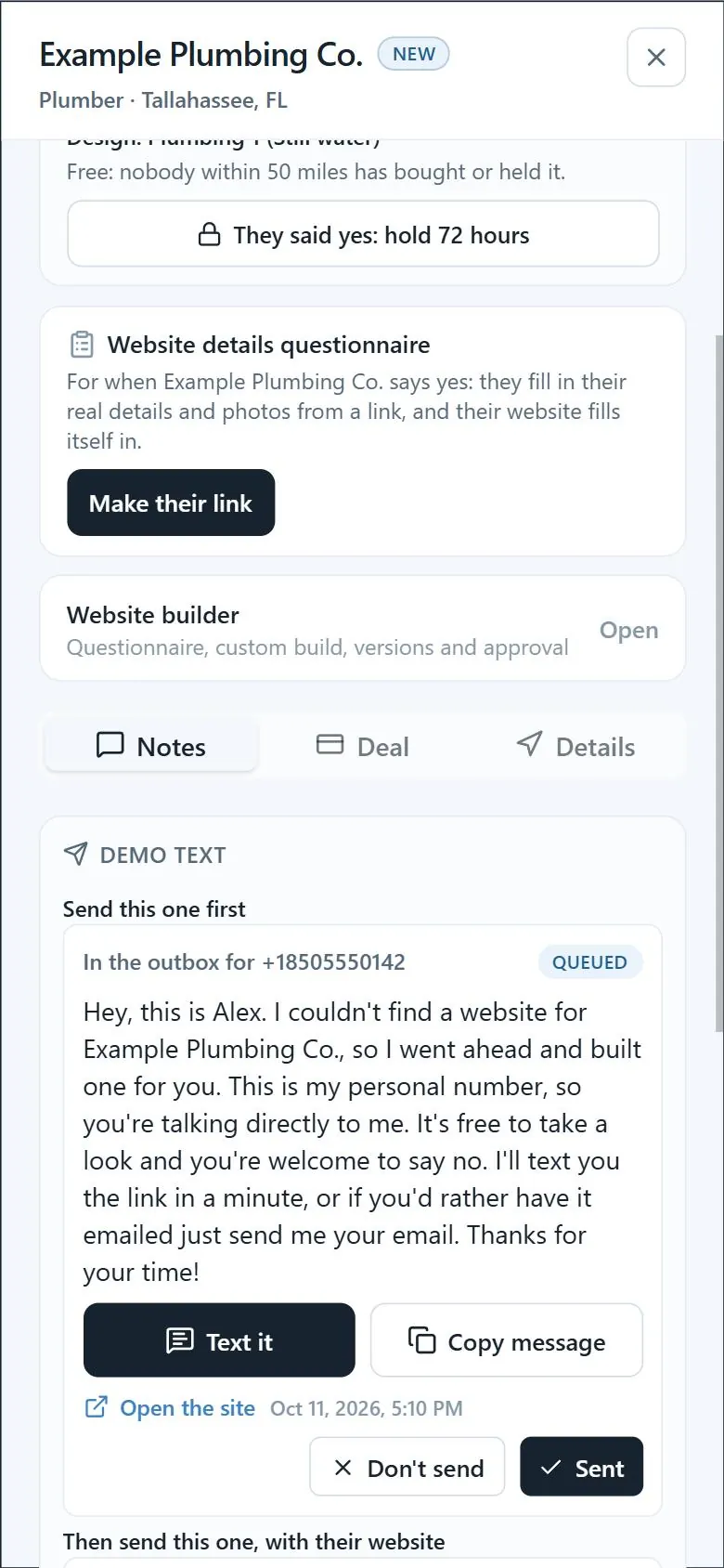 The first text, with the Text it, Copy message and Sent buttons