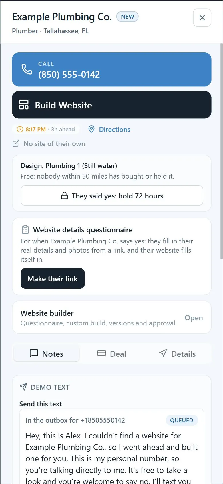 One lead opened, with its call button and website design