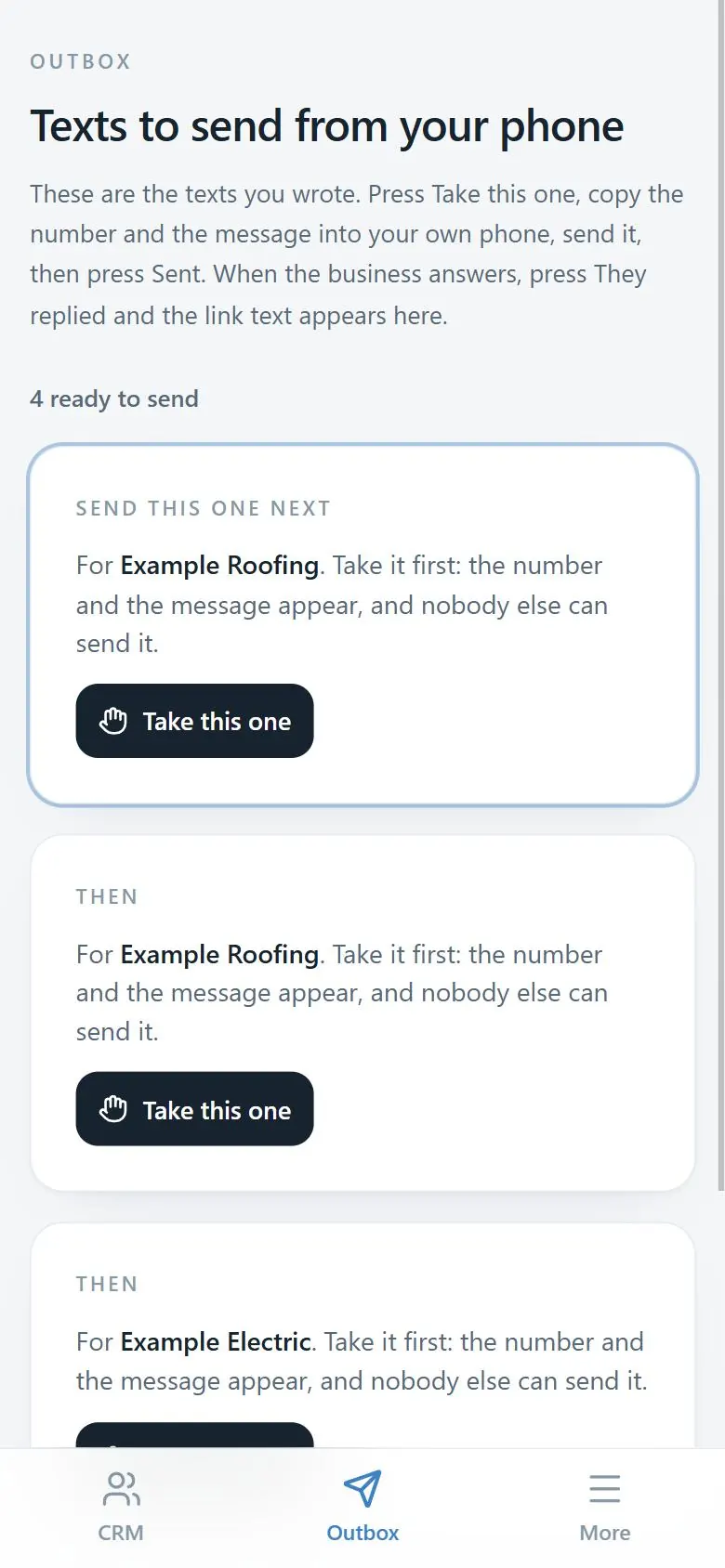 The Outbox listing the texts waiting to be sent