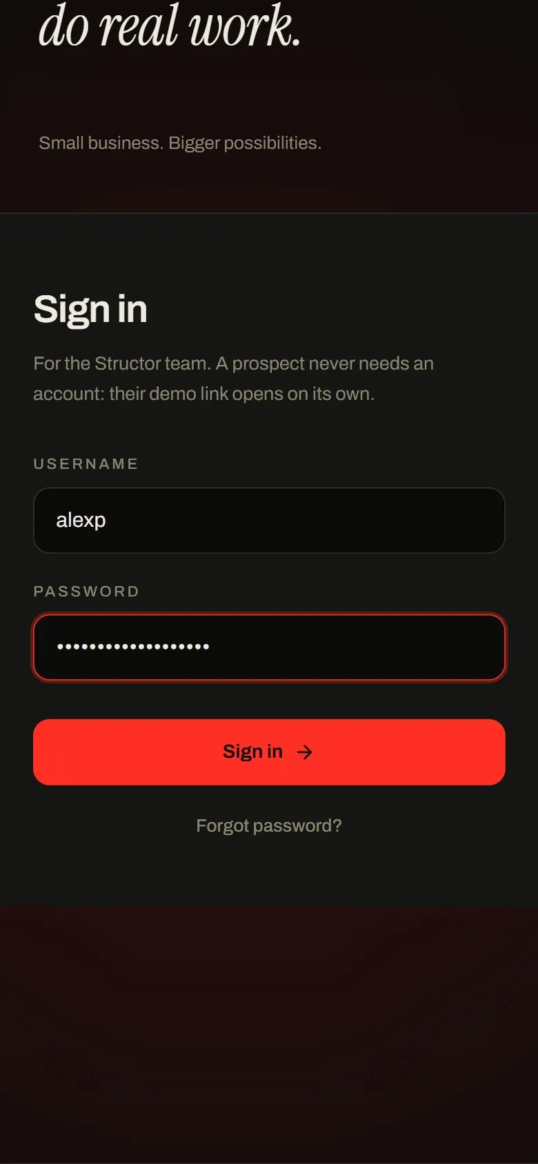 The Structor sign-in screen with the username and password filled in