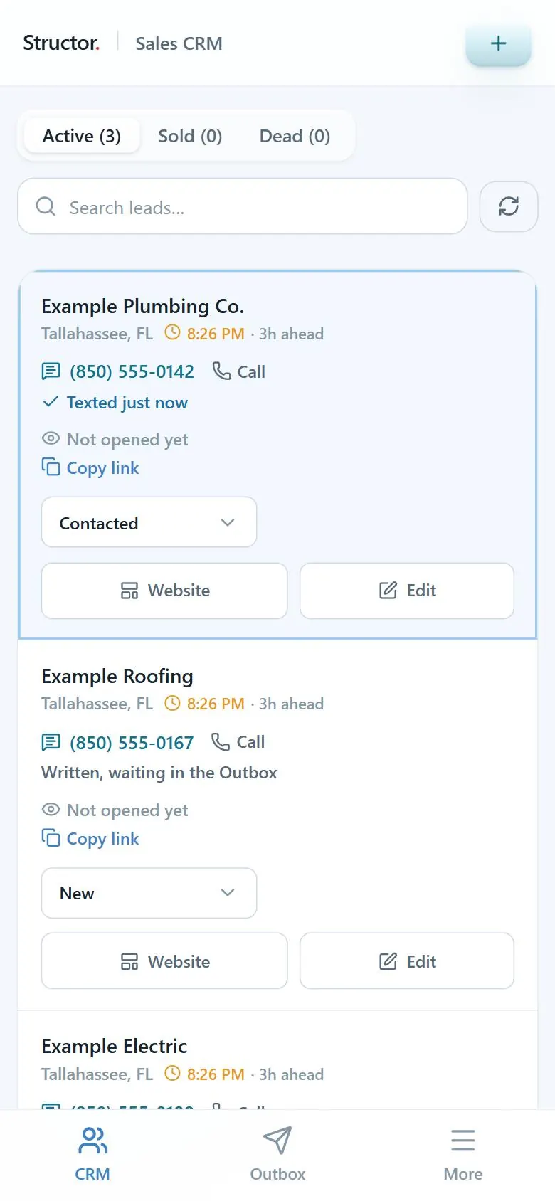A texted lead card with a light blue outline